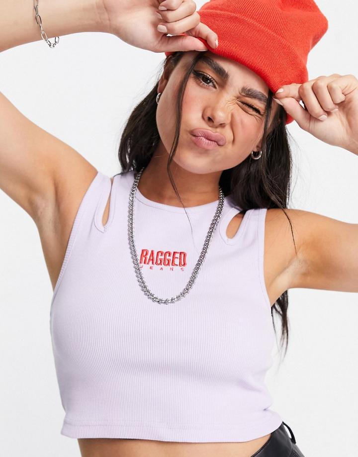 The Ragged Priest Shrunken Tank With Cut Outs And Embroidered Logo In Rib-purple