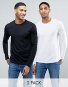 Asos Long Sleeve T-shirt With Crew Neck 2 Pack In Black/white Save - Multi