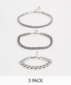Asos Design 3 Pack Chain Bracelet With Emboss In Burnished Silver Tone - Silver