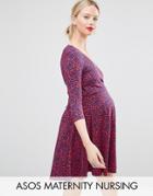 Asos Maternity Nursing Wrap Skater Dress In Polka Dot With 3/4 Sleeve - Multi
