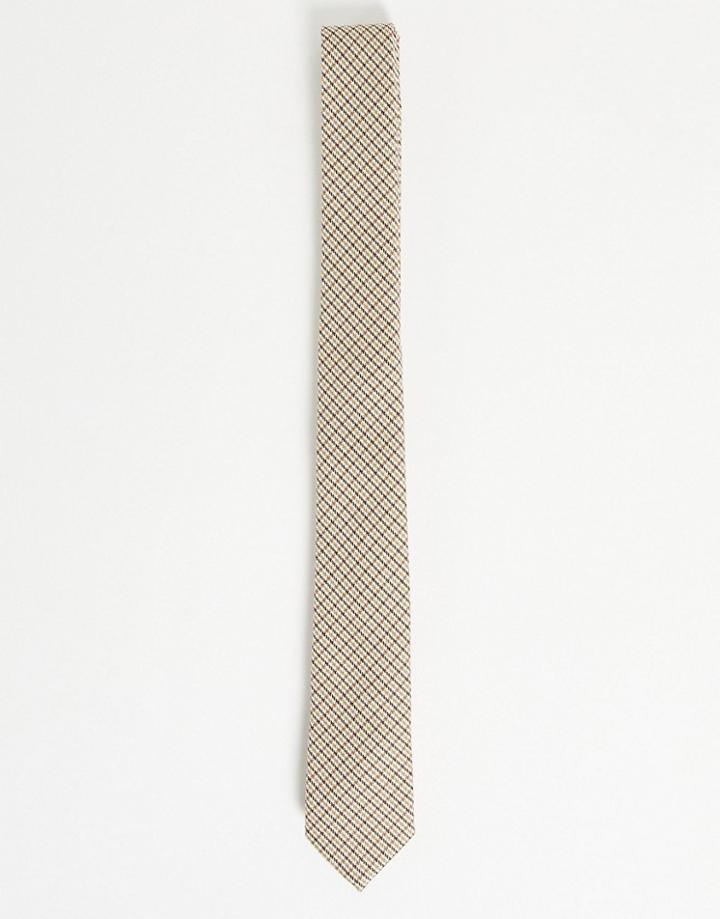 Asos Design Tie With Minimal Heritage Plaid In Stone-neutral