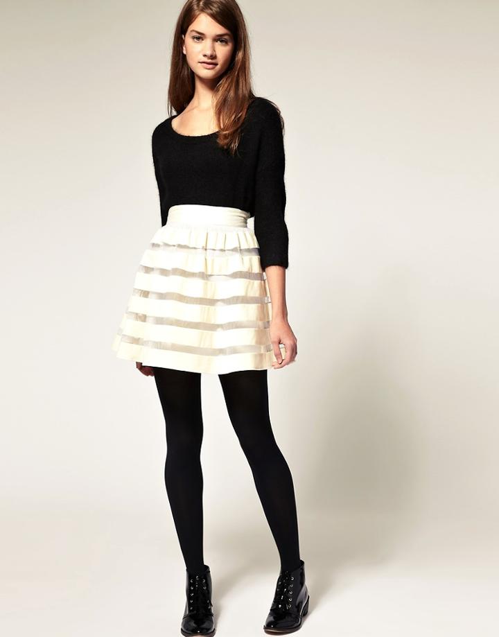 Asos Full Skirt In Velvet And Mesh Stripe - Cream