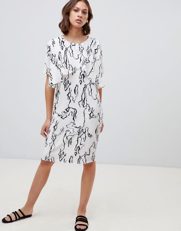 Ichi Marble Print Shift Dress With Ruffle Layer-white