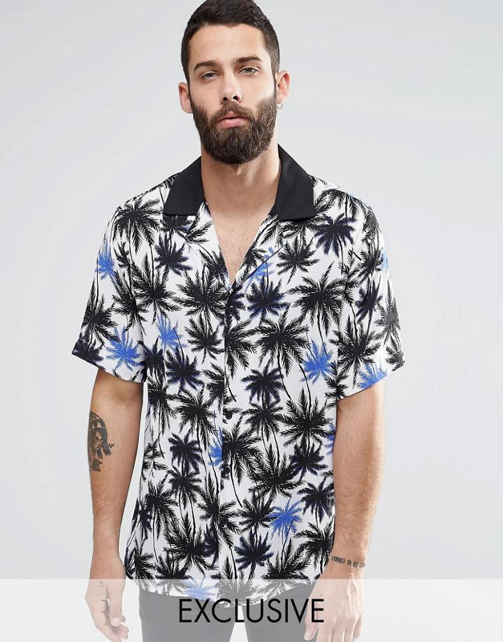 Reclaimed Vintage Revere Shirt In Palm Tree Print And Regular Fit - White