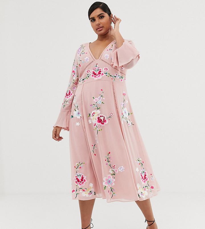 Asos Design Curve Embroidered Midi Dress With Lace Trims - Pink