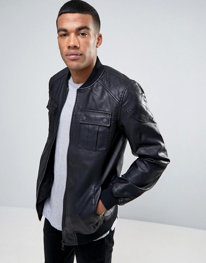 Threadbare Faux Leather Bomber Jacket - Black