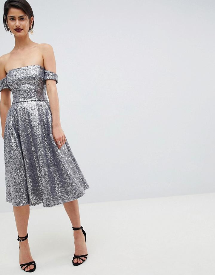 City Goddess Sequin Bardot Midi Dress-silver