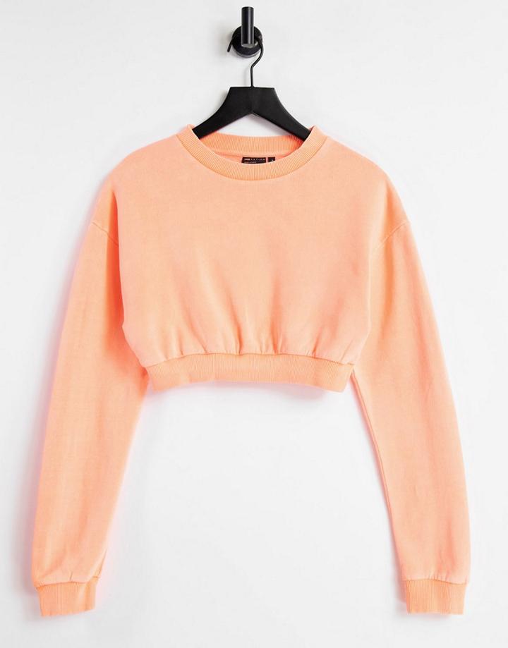 Asos Design Cropped High Neck Sweatshirt In Neon Wash In Coral-pink