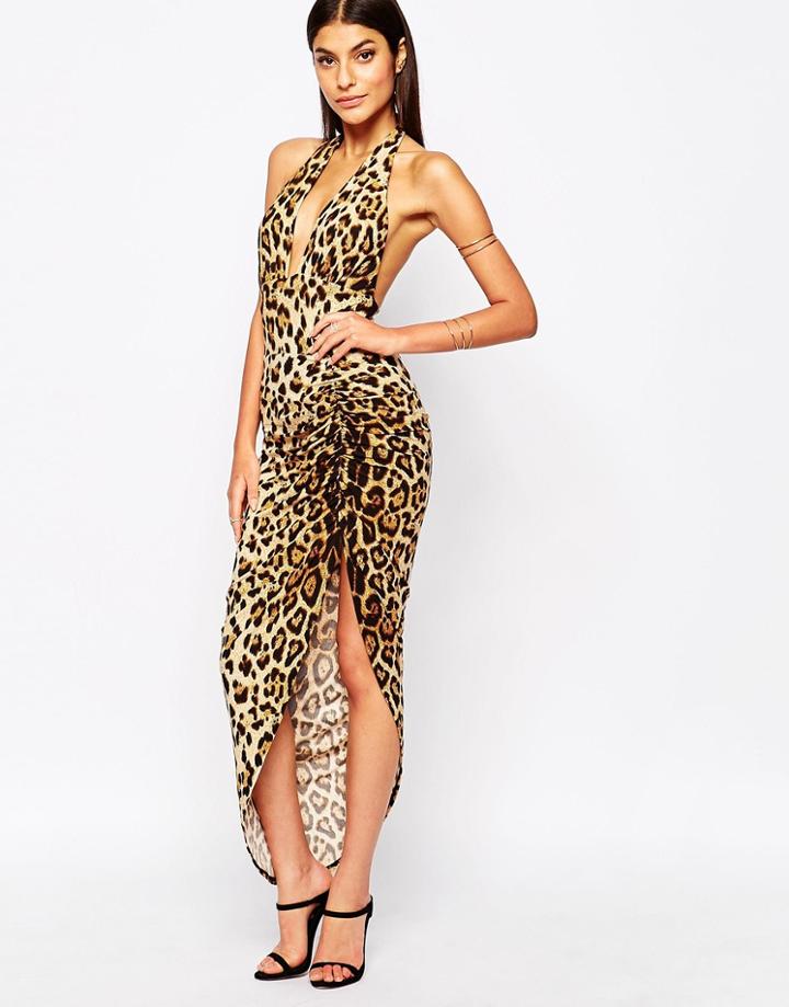Club L Deep Plunge Halterneck Maxi Dress With Side Ruched Detail - Leopard Print