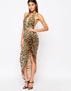 Club L Deep Plunge Halterneck Maxi Dress With Side Ruched Detail - Leopard Print