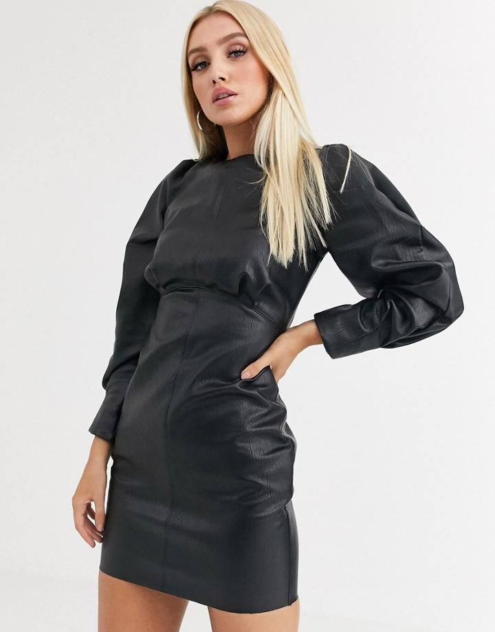 Asos Design Leather Look Gathered Shoulder Mini Dress-black