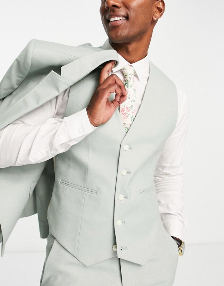 Asos Design Super Skinny Linen Mix Vest In Green