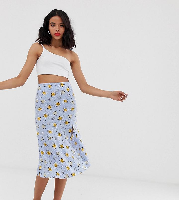 Monki Prarie Floral Print Midi Skirt With Side Slit In Blue