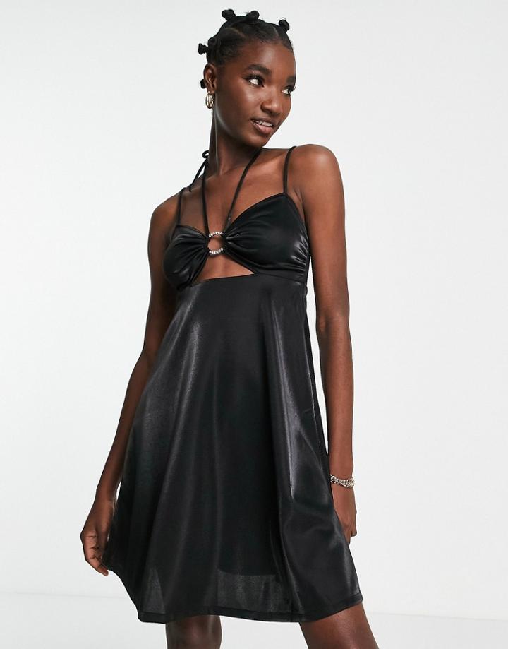 River Island Satin Ring Detail Cami Mini Dress In Black