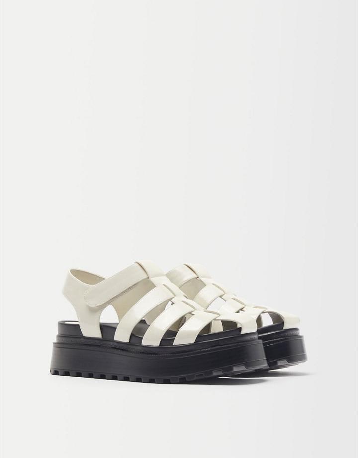Bershka Caged Flat Sandal In Ecru-white