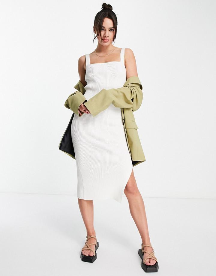 Asos Design Knit Square Neck Midi Dress In Cream-white