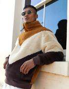 Asos Design Oversized Faux Fur Sweatshirt With Half Zip & Color Blocking In Browns