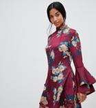Parisian Petite High Neck Floral Shift Dress With Flare Sleeves-red