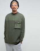 Asos Oversized Longline Sweatshirt With Woven Yoke Pocket & Taping Detail - Green