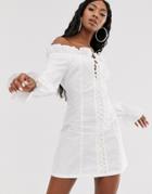 Public Desire Structured Bardot Mini Dress With Lace Up Front In Cotton-white