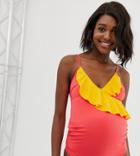 Asos Design Maternity Recycled Color Block Frill Neck Swimsuit In Strawberry Pink