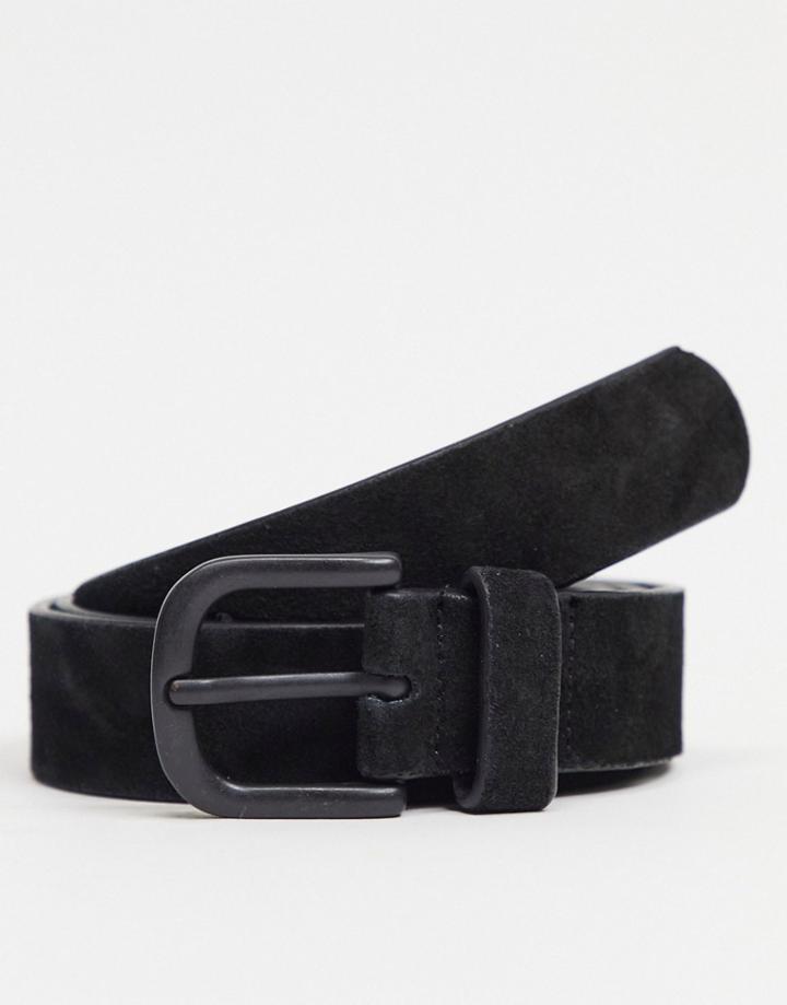 Asos Design Slim Belt In Black Suede With Matte Black Horseshoe Buckle