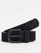 Asos Design Slim Belt In Black Suede With Matte Black Horseshoe Buckle