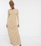 Verona Long Sleeve Maxi Dress With Pleat Detail-beige