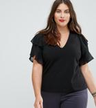 Club L Plus Plunge Front Top With Ruffle Sleeve Detail - Black