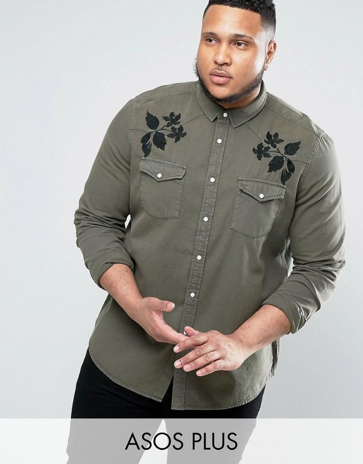 Asos Plus Regular Fit Western Denim Shirt With Embroidery - Green