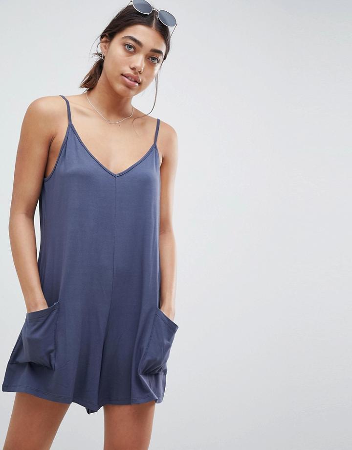 Asos Design Jersey Minimal Romper With Pockets - Gray