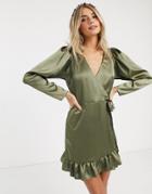 Asos Design Satin Wrap Mini Dress-green