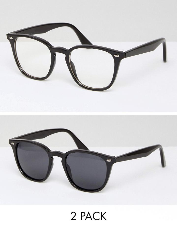 Asos 2 Pack Square Geeky Clear Lens & Sunglasses - Black