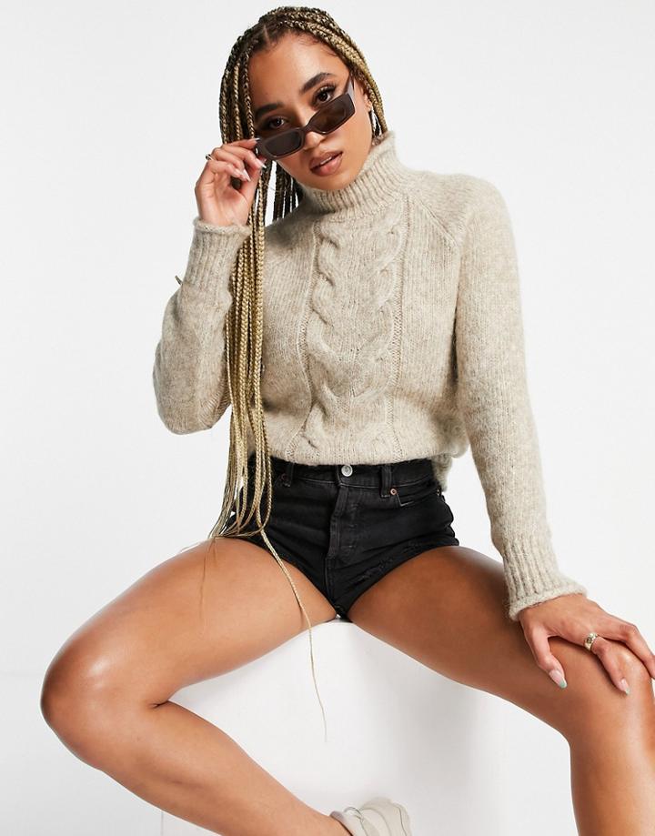 Na-kd Cable Knit High Neck Sweater In Beige-neutral