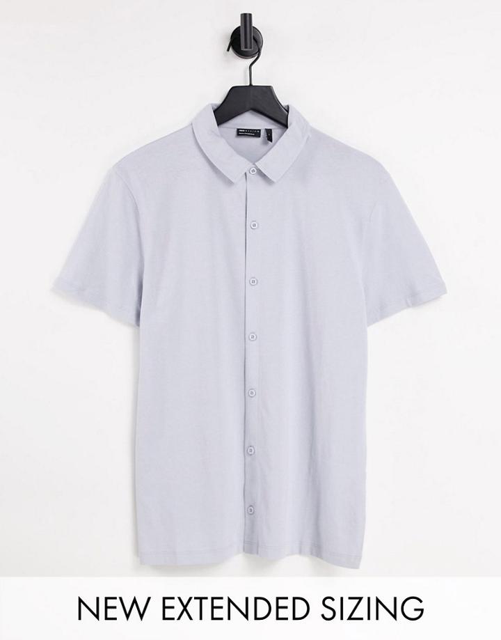 Asos Design Button Through Jersey Shirt In Gray Blue-blues