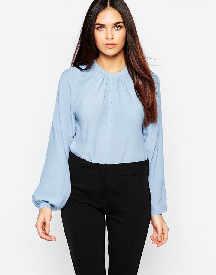 Warehouse Collarless Blouse - Blue