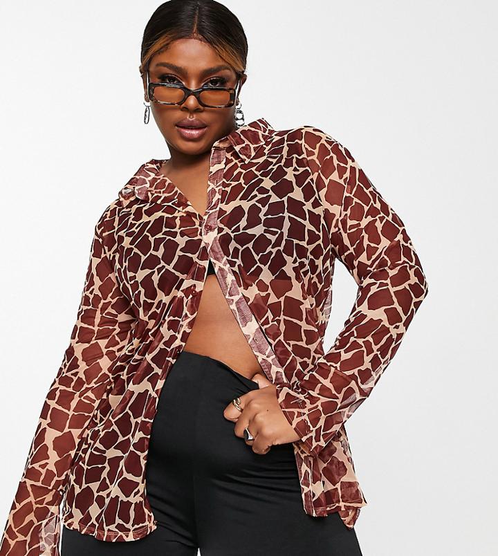 Labelrail X Francesca Perks Giraffe Print Mesh Shirt In Rust-multi