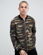 Asos Design Jersey Bomber Jacket In Camo With Ma1 Pocket - Green