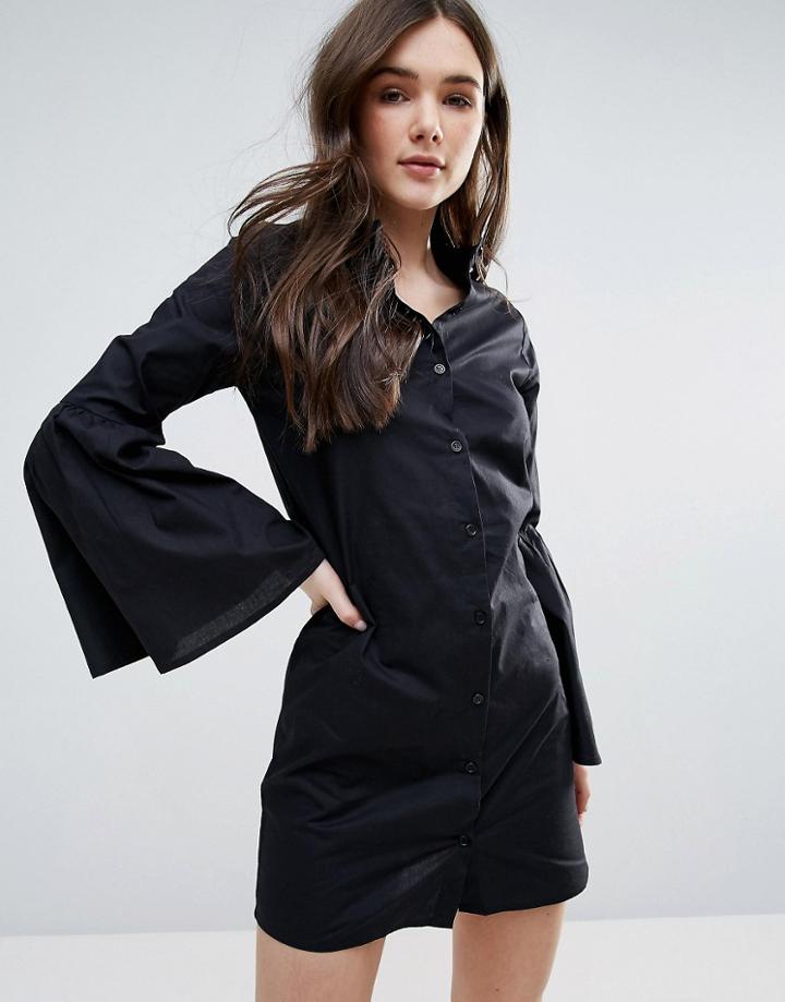 Influence Flared Sleeve Cotton Shirt Dress - Black