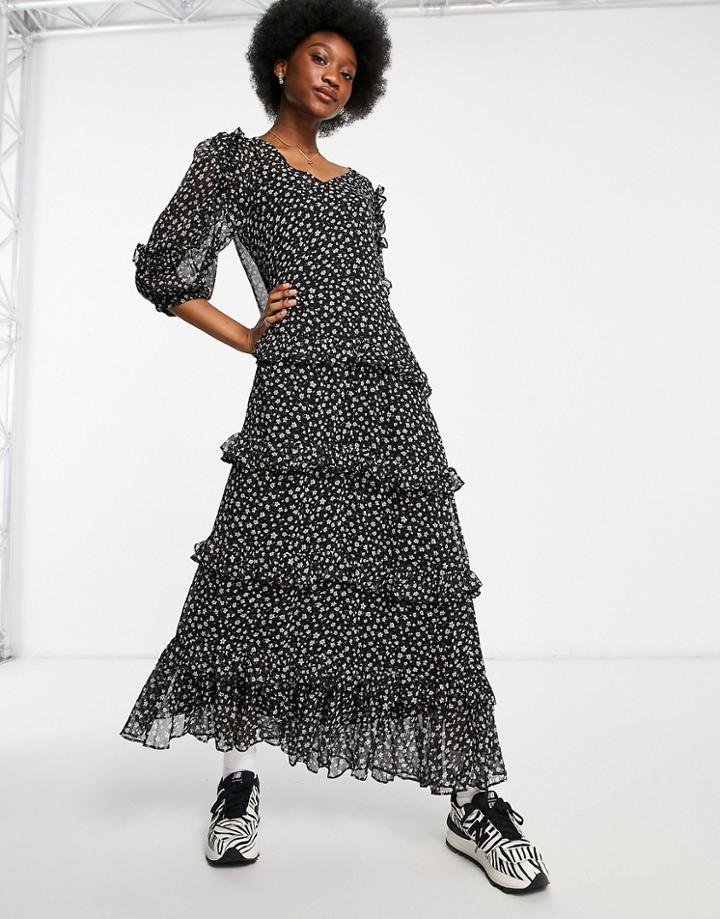 Jdy Maxi Dress With Ruffle Detail In Floral Print-multi
