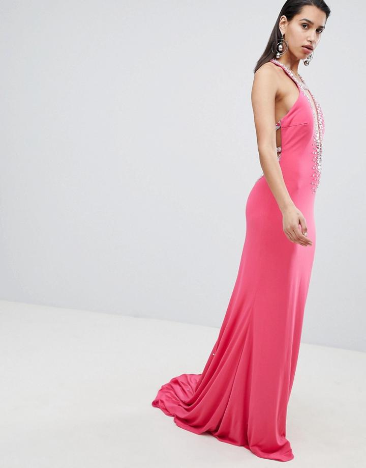 Jovani Plunge Maxi Dress With Embellished Detail - Pink
