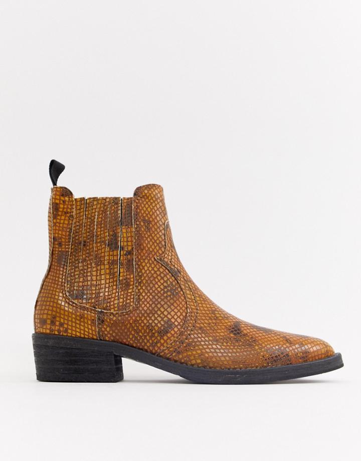 Selected Femme Leather Snake Western Ankle Boots - Brown