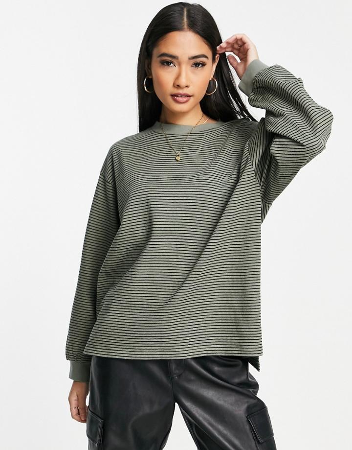 Asos Design Oversized Long Sleeve T-shirt In Textured Stripe In Khaki-green