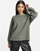 Asos Design Oversized Long Sleeve T-shirt In Textured Stripe In Khaki-green