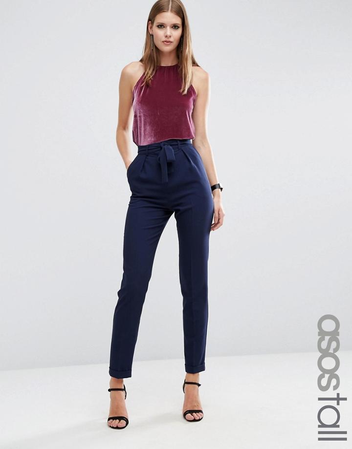 Asos Tall Woven Peg Pants With Obi Tie - Navy