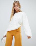 Brave Soul Bangla Cable Knit Sweater With Distressing Detail - White
