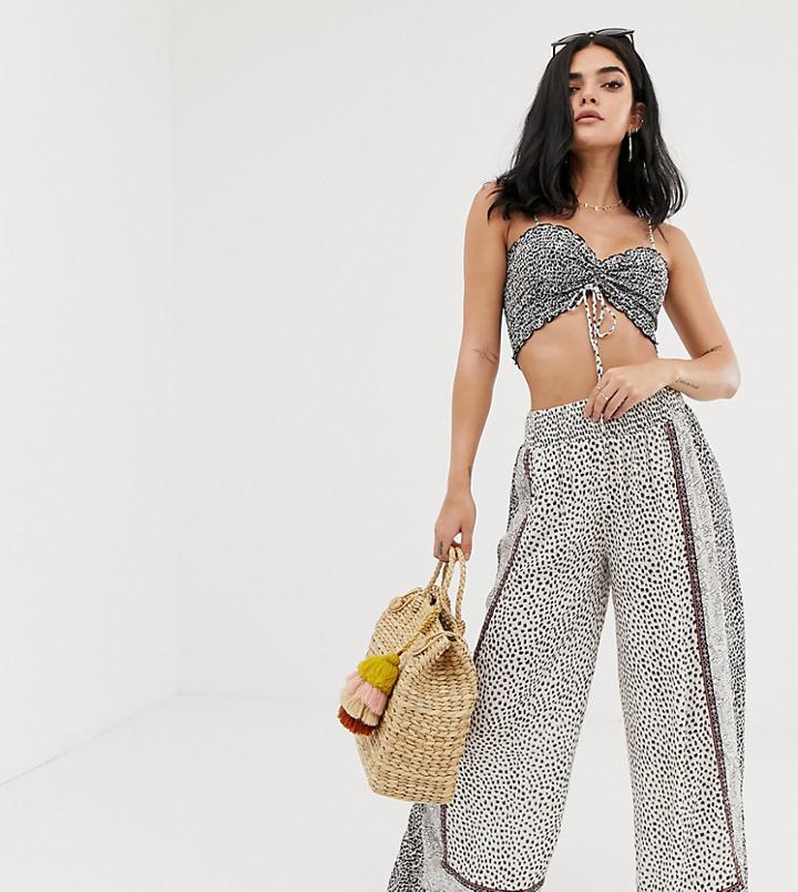 River Island Wide Leg Beach Pants In Leopard Print - Brown