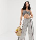 River Island Wide Leg Beach Pants In Leopard Print - Brown