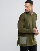 Asos Super Oversized Long Sleeve T-shirt With Woven Pockets - Khaki