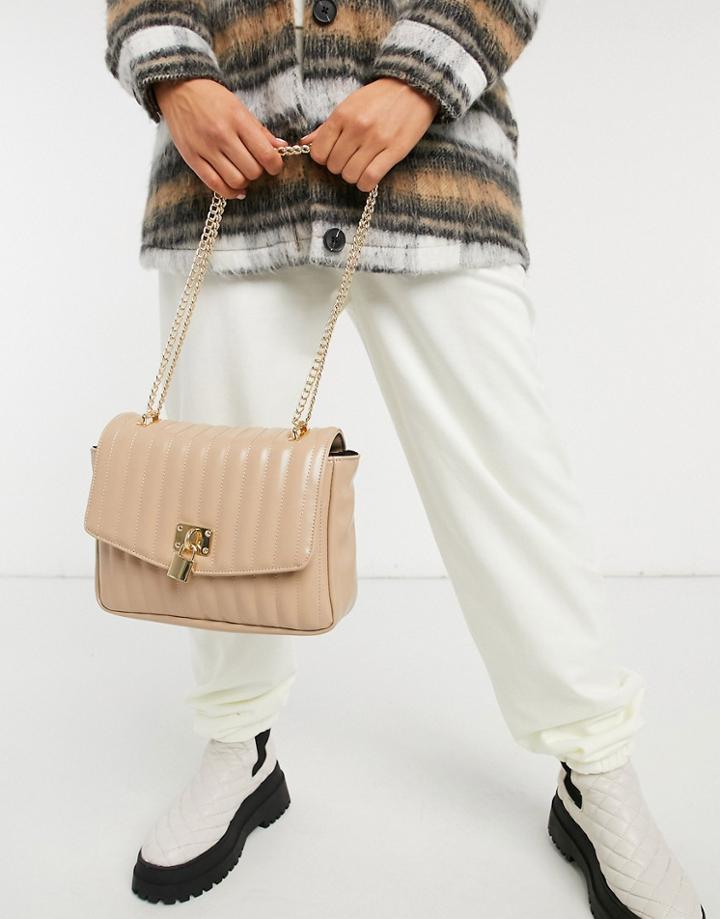 Asos Design Quilted Crossbody Bag With Padlock Detail In Glossed Beige-neutral